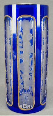 Late 19th Century Moser Bohemian Cobalt Cut to Clear Intaglio Rose & Gold Vase