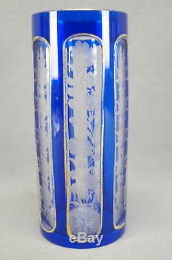 Late 19th Century Moser Bohemian Cobalt Cut to Clear Intaglio Rose & Gold Vase