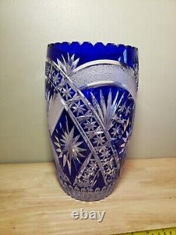 Lausitzer Cobalt Lead Large Crystal Vase Swirl Floral Pattern Sawtooth Rim