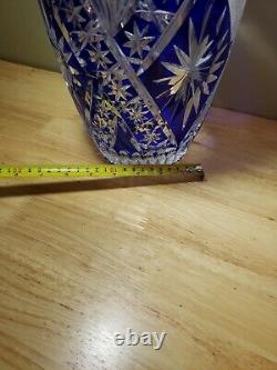 Lausitzer Cobalt Lead Large Crystal Vase Swirl Floral Pattern Sawtooth Rim