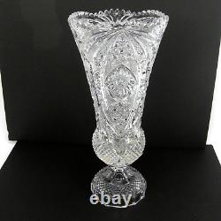 Lead Crystal Glass Vase Hand Cut 14 Tall Sawtooth Rim Vintage EUC