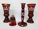 Lot 4 Egermann Bohemia Crystal Ruby Red Cut To Clear Vases Candle Stick & Bell