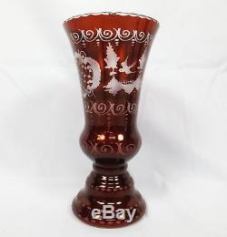 Lot 4 Egermann Bohemia Crystal Ruby Red Cut to Clear Vases Candle Stick & Bell
