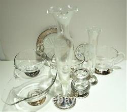 Lot 9 Vtg Sterling Silver & Crystal Glass Cut Wine Coaster Vase Gravy Boats/Cup