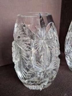 Lot of 2 vintage lead crystal vases with pinwheel pattern and etched star insert