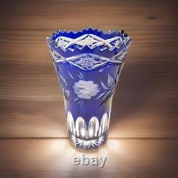 MCM Trumpet Vase Lead Crystal Cobalt Cut to Clear Flower Vase