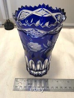 MCM Trumpet Vase Lead Crystal Cobalt Cut to Clear Flower Vase