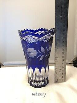 MCM Trumpet Vase Lead Crystal Cobalt Cut to Clear Flower Vase