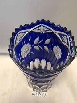 MCM Trumpet Vase Lead Crystal Cobalt Cut to Clear Flower Vase