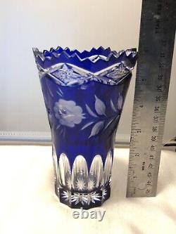 MCM Trumpet Vase Lead Crystal Cobalt Cut to Clear Flower Vase