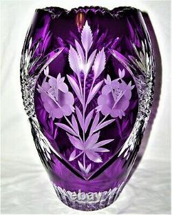 Massive Bohemian/Czech Crystal Vase Purple Amethyst Etched & Hand Cut