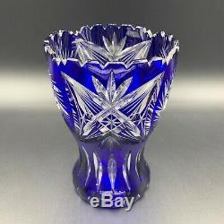 Mid Century Bohemian Czech Cobalt Blue Cut to Clear Crystal Vase Centerpiece