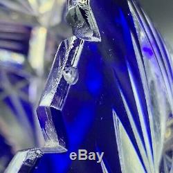 Mid Century Bohemian Czech Cobalt Blue Cut to Clear Crystal Vase Centerpiece