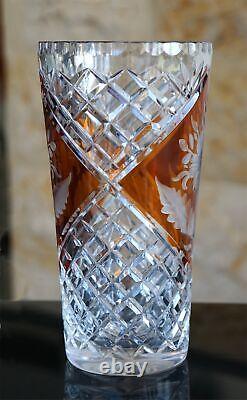 Mid-Century Vintage Bohemian Czech Amber Flashed Cut to Clear Crystal Vase 8.5