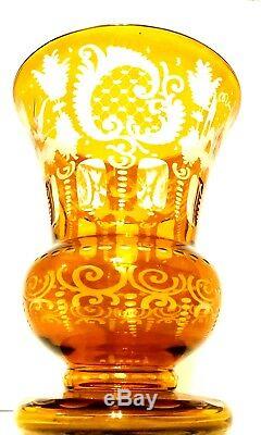Monumental Bohemian Amber Cut to Clear Etched Crystal Vase