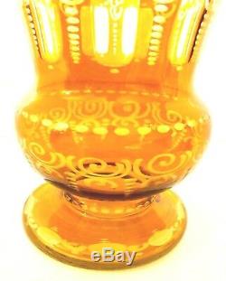 Monumental Bohemian Amber Cut to Clear Etched Crystal Vase