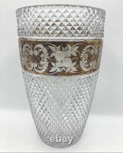 Moser Antique Bohemian Heavy Diamond Cut Crystal Vase Floral Gold Frieze Band