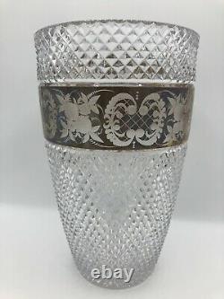 Moser Antique Bohemian Heavy Diamond Cut Crystal Vase Floral Gold Frieze Band