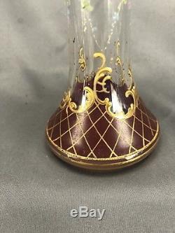 Moser Bohemian Cut Crystal Cranberry Hand Painted Flowers & Gold 8 3/4 Vase
