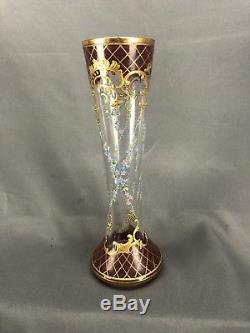 Moser Bohemian Cut Crystal Cranberry Hand Painted Flowers & Gold 8 3/4 Vase