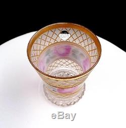 Moser Bohemian Czech Crystal Diamond Cut Enamel Gold & Pink Vase 1860-1920