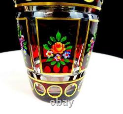 Moser Bohemian Czech Ruby Red Crystal Cut To Clear Painted Rose 5 1/8 Vase 1920