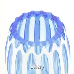 Moser Century Overlay Cut Grooves Crystal Vase Aquamarine Enamel, Signed MIB