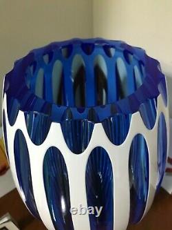 Moser Century Overlay Cut Grooves Crystal Vase Aquamarine Enamel, Signed MIB