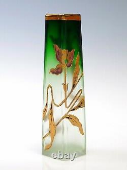 Moser Cut Crystal Green to Clear 5 Tall Cabinet Vase Gold Flower