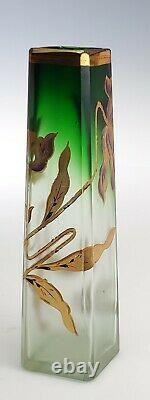 Moser Cut Crystal Green to Clear 5 Tall Cabinet Vase Gold Flower