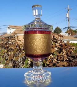 Moser Karlsbad Cranberry Art Glass Lidded Vase Greek Warriors Frieze Cut Crystal