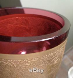 Moser Karlsbad Cranberry Art Glass Lidded Vase Greek Warriors Frieze Cut Crystal
