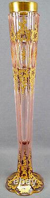 Moser Type Cut Crystal Pink Art Nouveau Gold Scrolls 16 Inch Tall Vase C. 1900