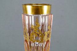 Moser Type Cut Crystal Pink Art Nouveau Gold Scrolls 16 Inch Tall Vase C. 1900