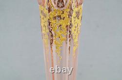 Moser Type Cut Crystal Pink Art Nouveau Gold Scrolls 16 Inch Tall Vase C. 1900