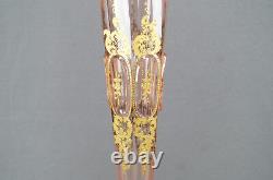 Moser Type Cut Crystal Pink Art Nouveau Gold Scrolls 16 Inch Tall Vase C. 1900