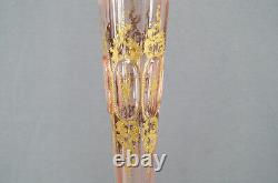 Moser Type Cut Crystal Pink Art Nouveau Gold Scrolls 16 Inch Tall Vase C. 1900