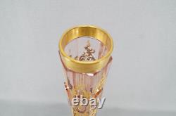 Moser Type Cut Crystal Pink Art Nouveau Gold Scrolls 16 Inch Tall Vase C. 1900