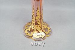 Moser Type Cut Crystal Pink Art Nouveau Gold Scrolls 16 Inch Tall Vase C. 1900