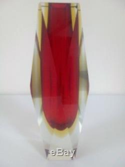 Murano Glass Vase MANDRUZZATO Facet Cut tri colour red yellow clear Sommerso