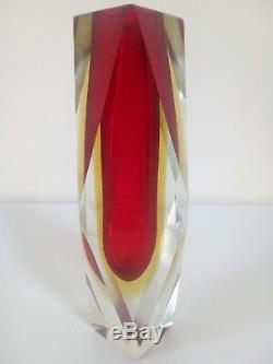 Murano Glass Vase MANDRUZZATO Facet Cut tri colour red yellow clear Sommerso
