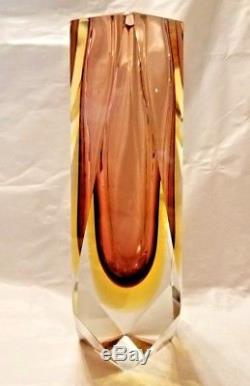 Murano MANDRUZZATO Facet Cut crystal Glass Vase Sommerso Brown & Yellow design