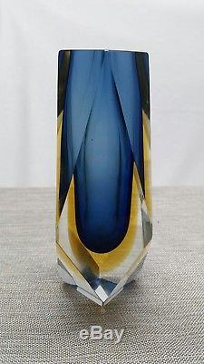 Murano MANDRUZZATO Facet Cut crystal glass Vase Sommerso Blue & Yellow design