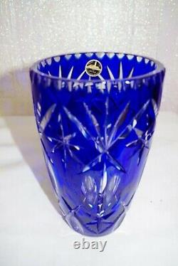 NWT Melnik Bohemian Czech CRYSTAL VASE Cobalt Blue Cut to Clear Glass