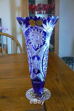 Nachtmann Germany Blue Clear Cut Crystal Trumpet Vase with Label FREE US SHIP
