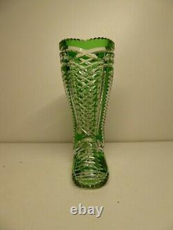 Nice Boot Vase Richly Cut Crystal Green And Clear Vintage Germany Shoe Glass