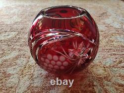 Ofnah Crystal Grapes Ruby Red Heavy Cut Clear 7.5 Tall Round Ball Vase German