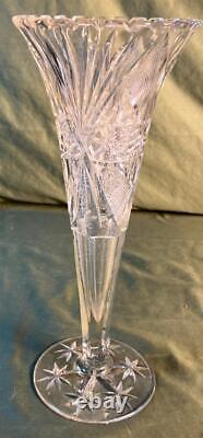 Old Antique Brilliant Period Cut Glass Flower Fluted Vase Hobstar Crystal Art