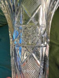 Old Antique Brilliant Period Cut Glass Flower Fluted Vase Hobstar Crystal Art