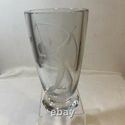 Orrefors Kjellander Engraved Crystal Art Glass Vase Archer Nude Man Signed
